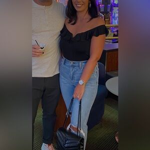 Express Black Ruffle-Sleeve Bodysuit, Size S